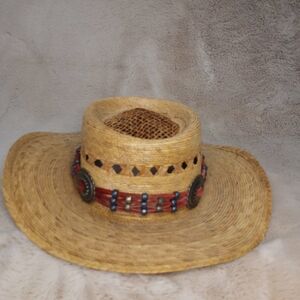 Vintage Legitimo Sahuayo Hand Woven Straw Mexican Cowboy Hat W Leather Beads